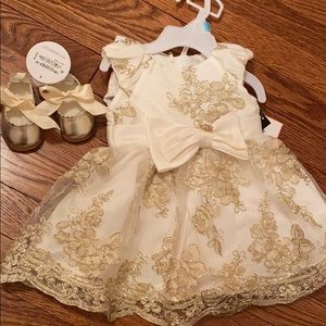NWT White and gold lace dress with satin bow